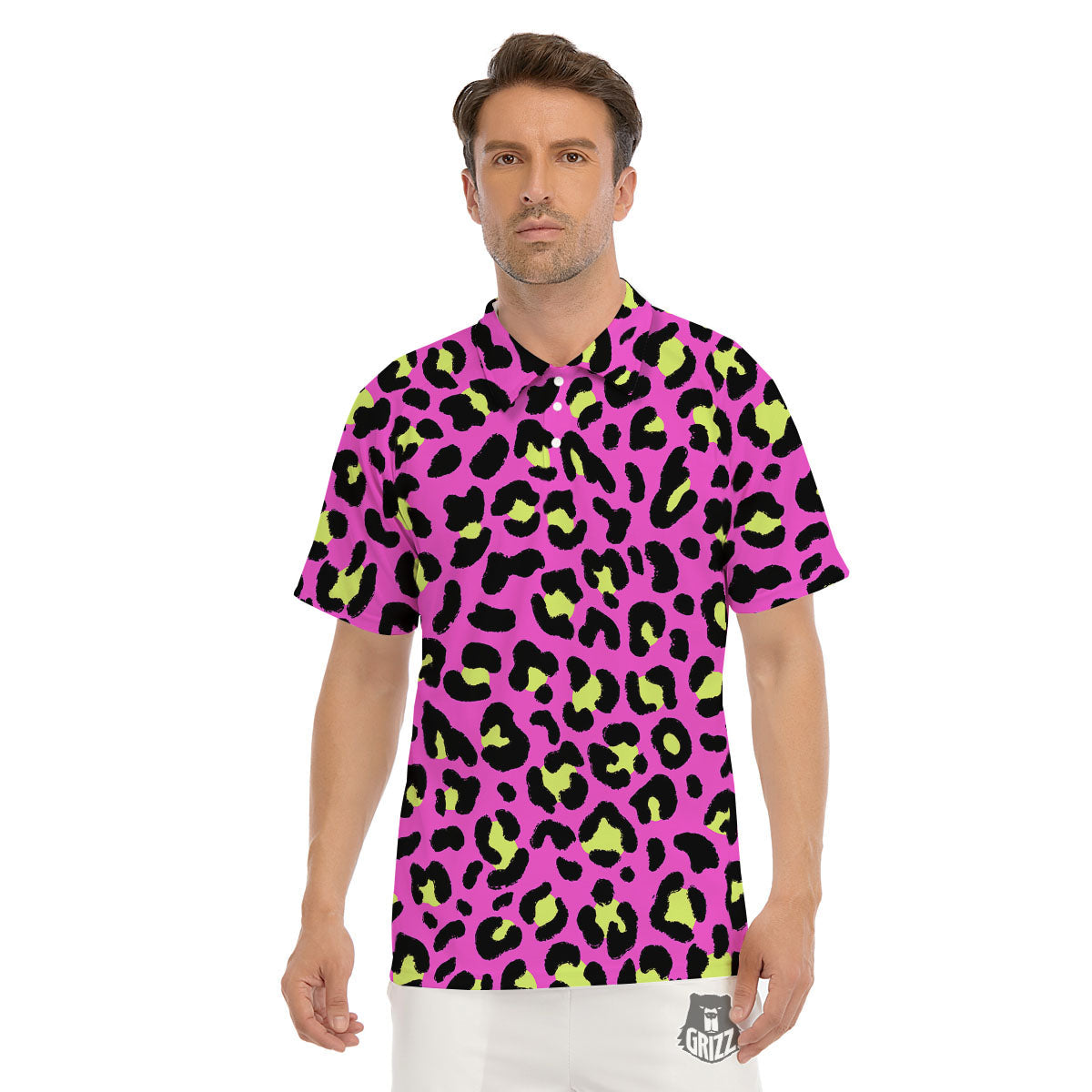 Leopard Yellow And Pink Print Men's Golf Shirts-grizzshop