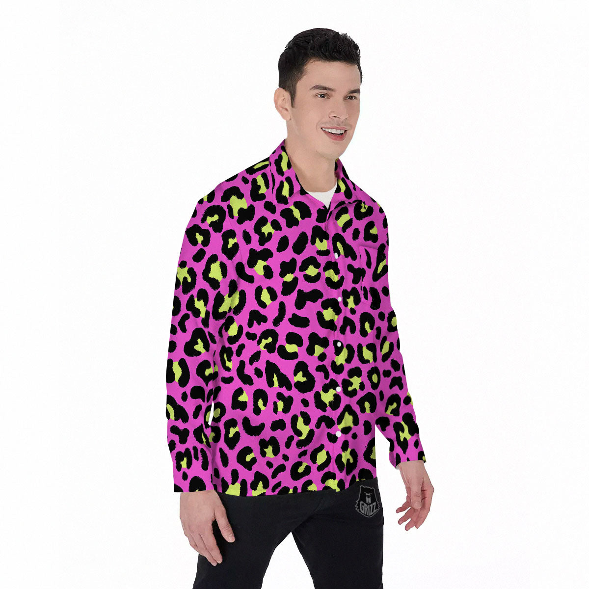 Leopard Yellow And Pink Print Men's Long Sleeve Shirts-grizzshop