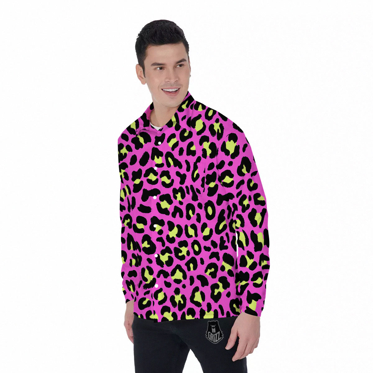 Leopard Yellow And Pink Print Men's Long Sleeve Shirts-grizzshop