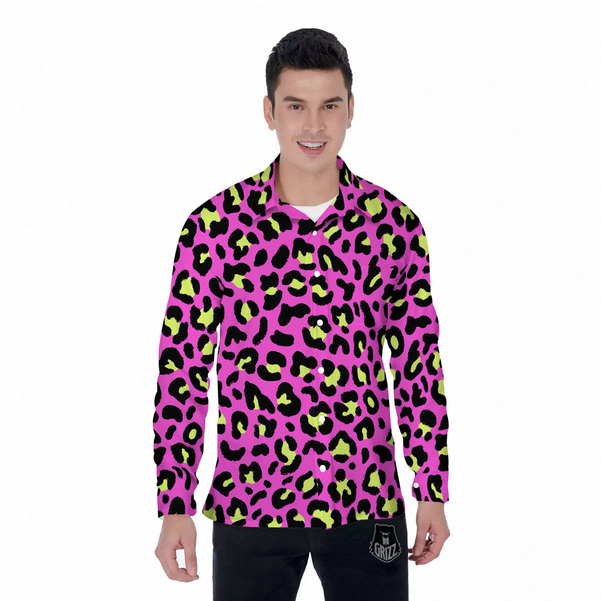 Leopard Yellow And Pink Print Men's Long Sleeve Shirts-grizzshop