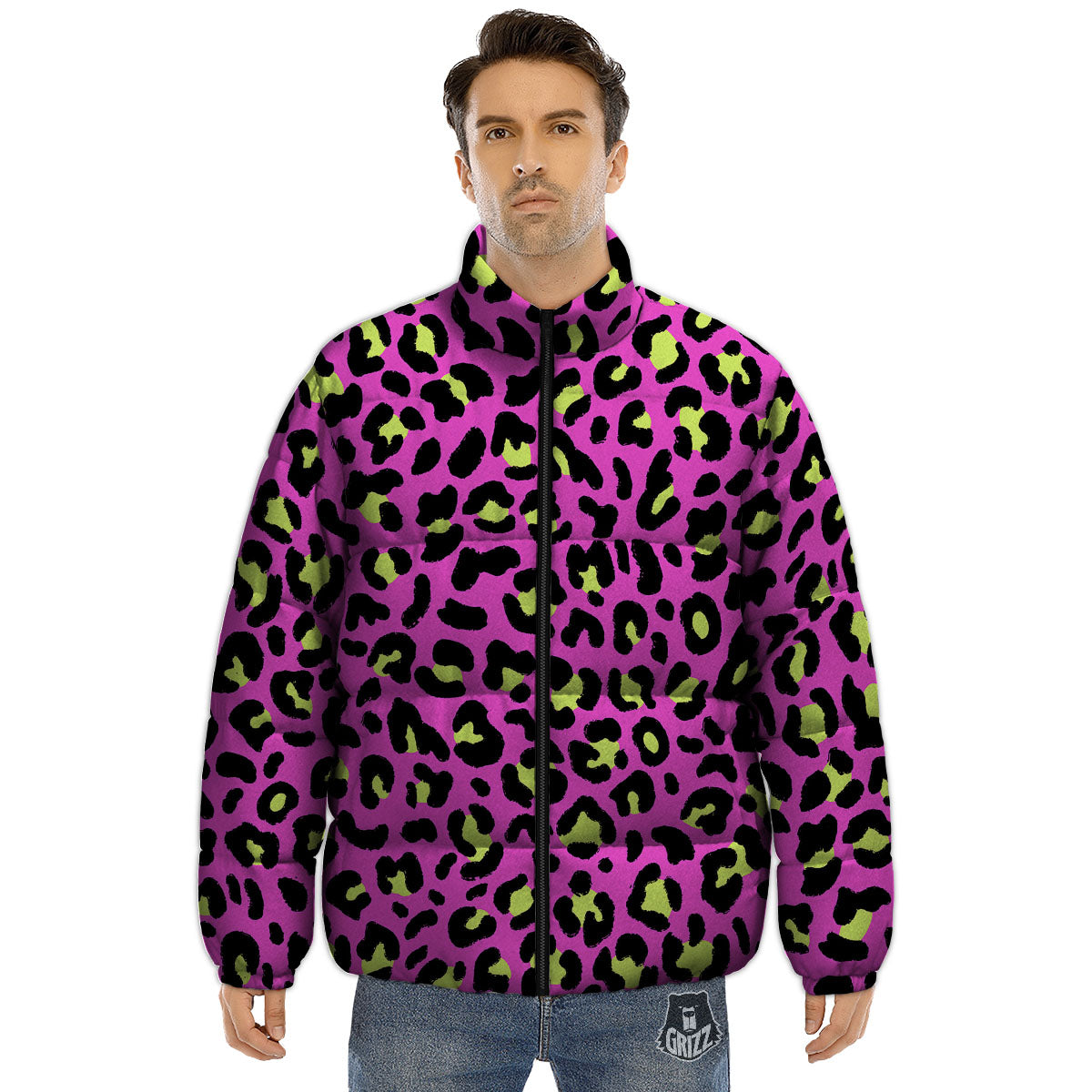Leopard Yellow And Pink Print Puffer Jacket-grizzshop