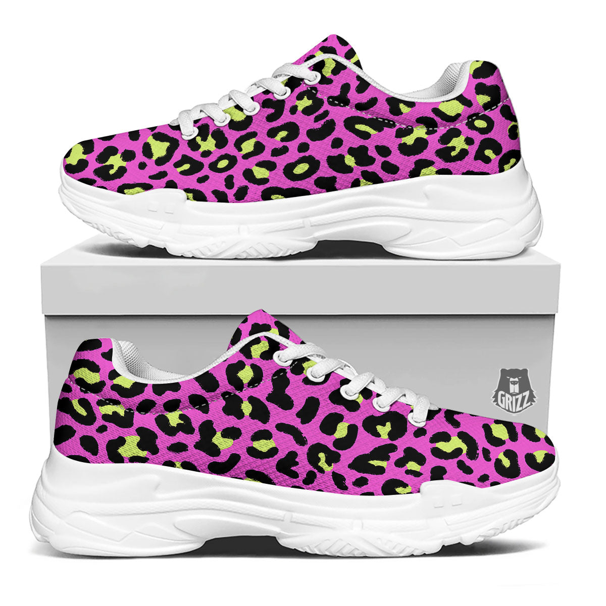Leopard Yellow And Pink Print White Chunky Shoes-grizzshop