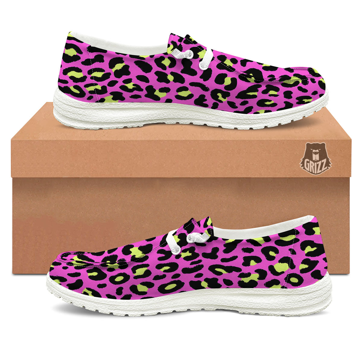 Leopard Yellow And Pink Print White Loafers-grizzshop