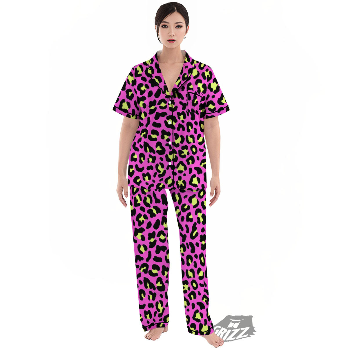 Leopard Yellow And Pink Print Women's Pajamas Set-grizzshop