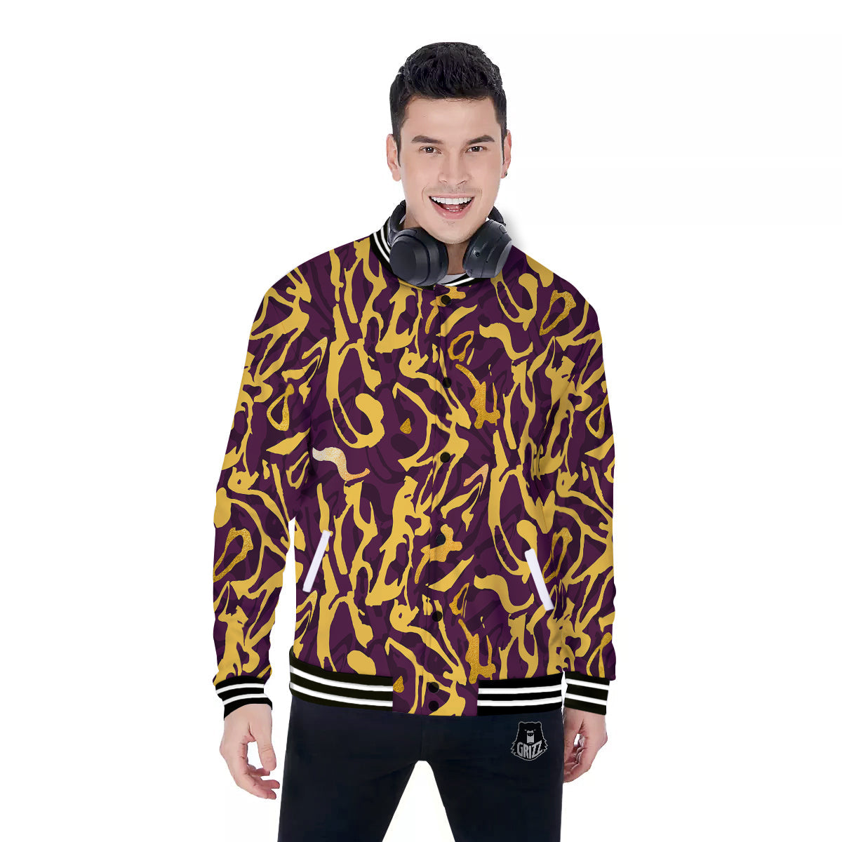 Leopard Yellow And Purple Print Pattern Baseball Jacket-grizzshop