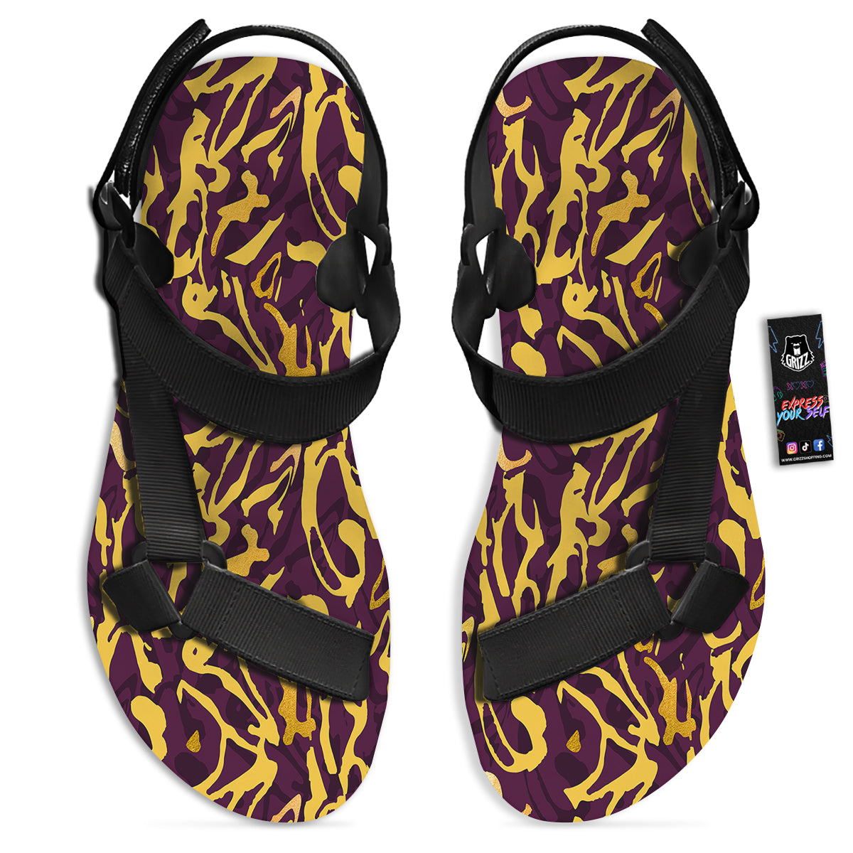 Leopard Yellow And Purple Print Pattern Black Open Toe Sandals-grizzshop