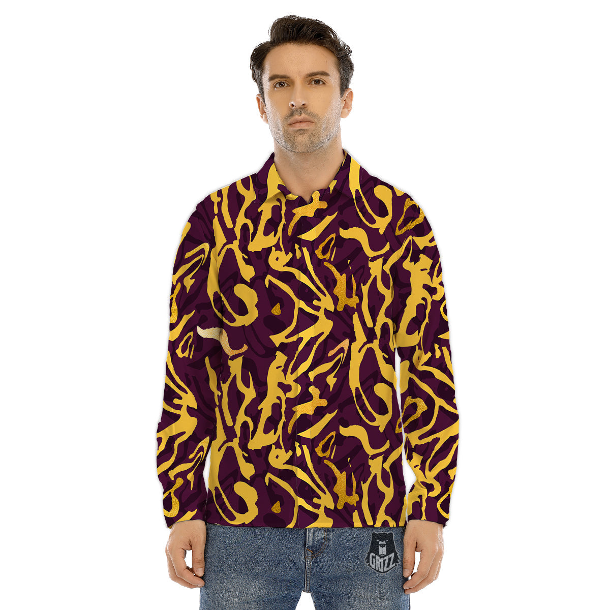 Leopard Yellow And Purple Print Pattern Men's Dress Shirts-grizzshop