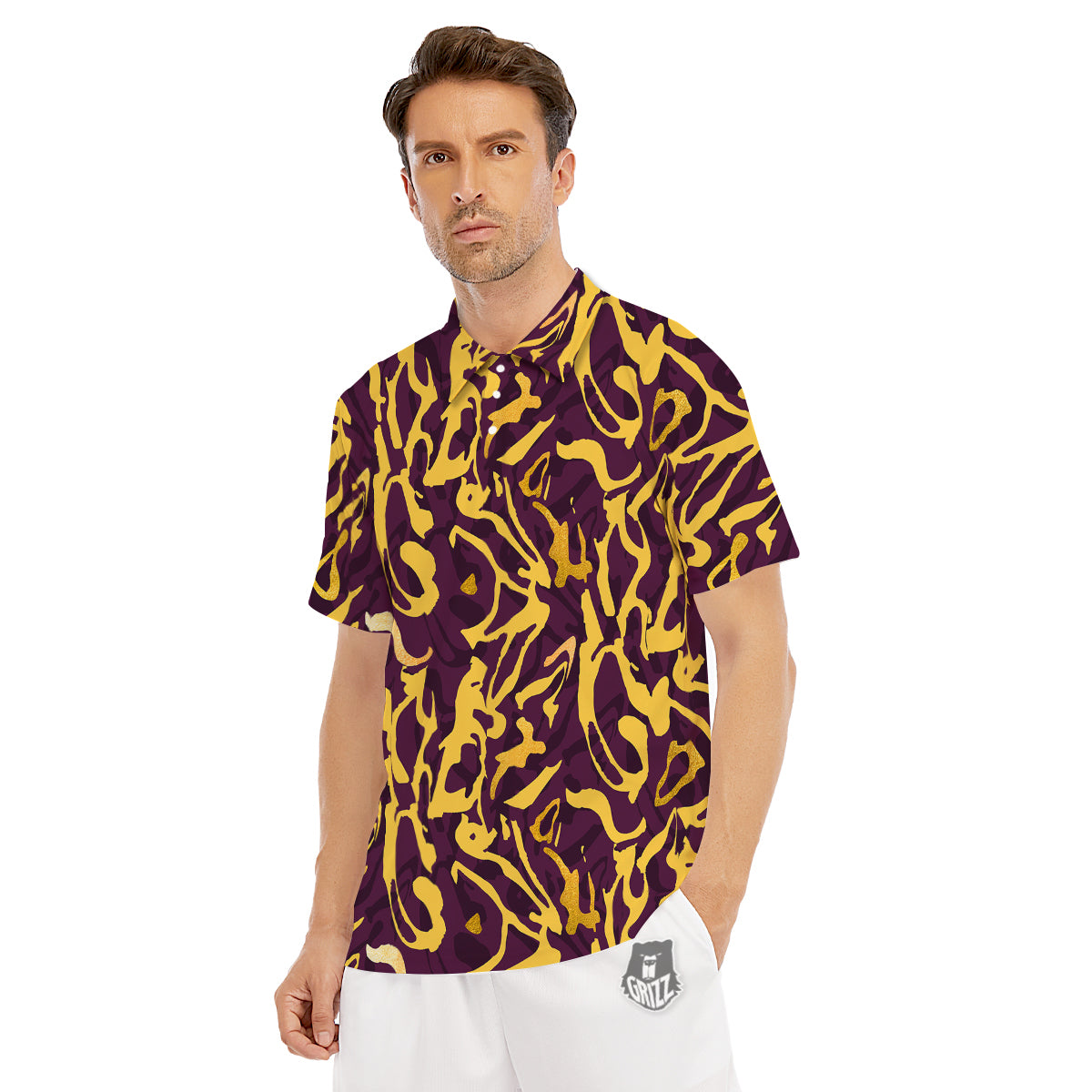 Leopard Yellow And Purple Print Pattern Men's Golf Shirts-grizzshop