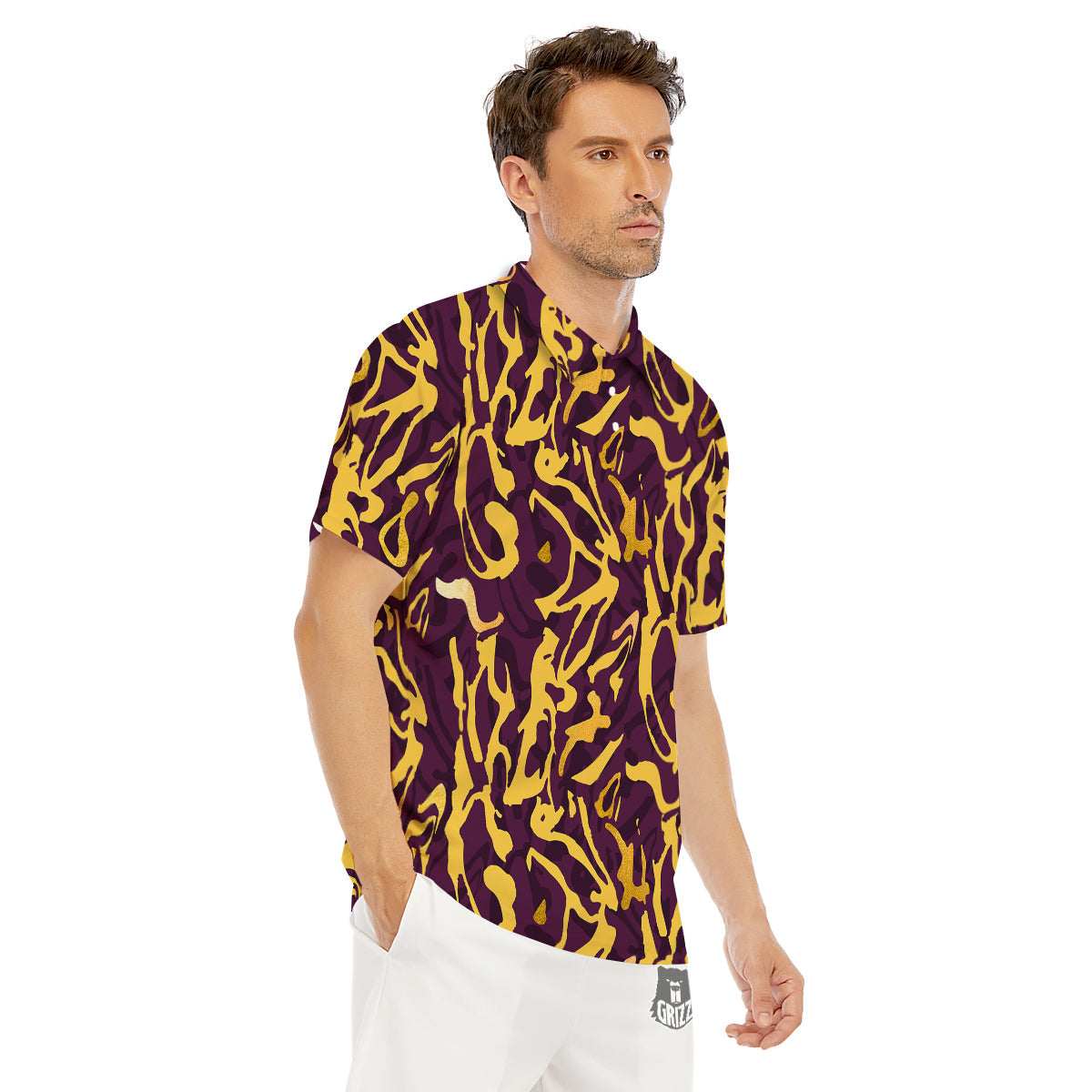 Leopard Yellow And Purple Print Pattern Men's Golf Shirts-grizzshop
