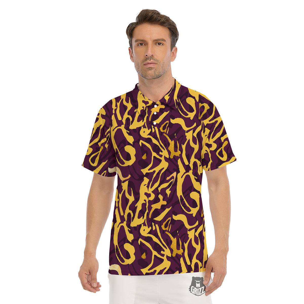 Leopard Yellow And Purple Print Pattern Men's Golf Shirts-grizzshop