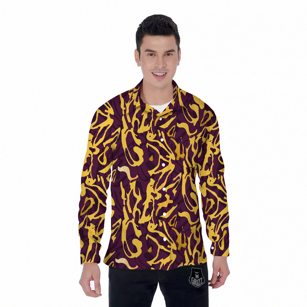 Leopard Yellow And Purple Print Pattern Men's Long Sleeve Shirts-grizzshop