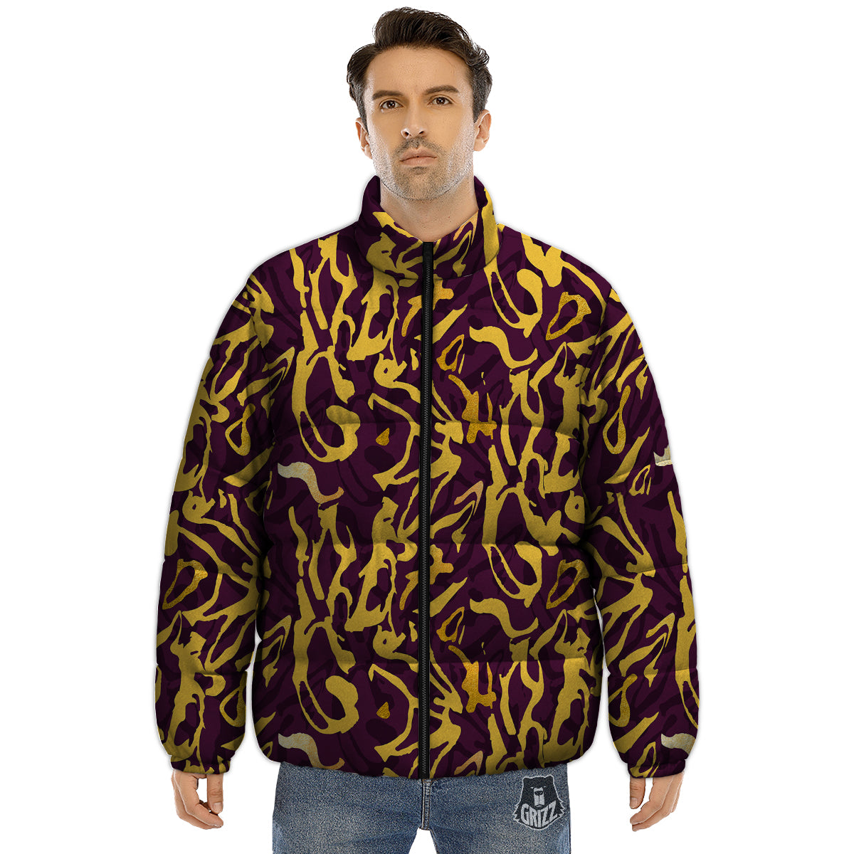 Leopard Yellow And Purple Print Pattern Puffer Jacket-grizzshop
