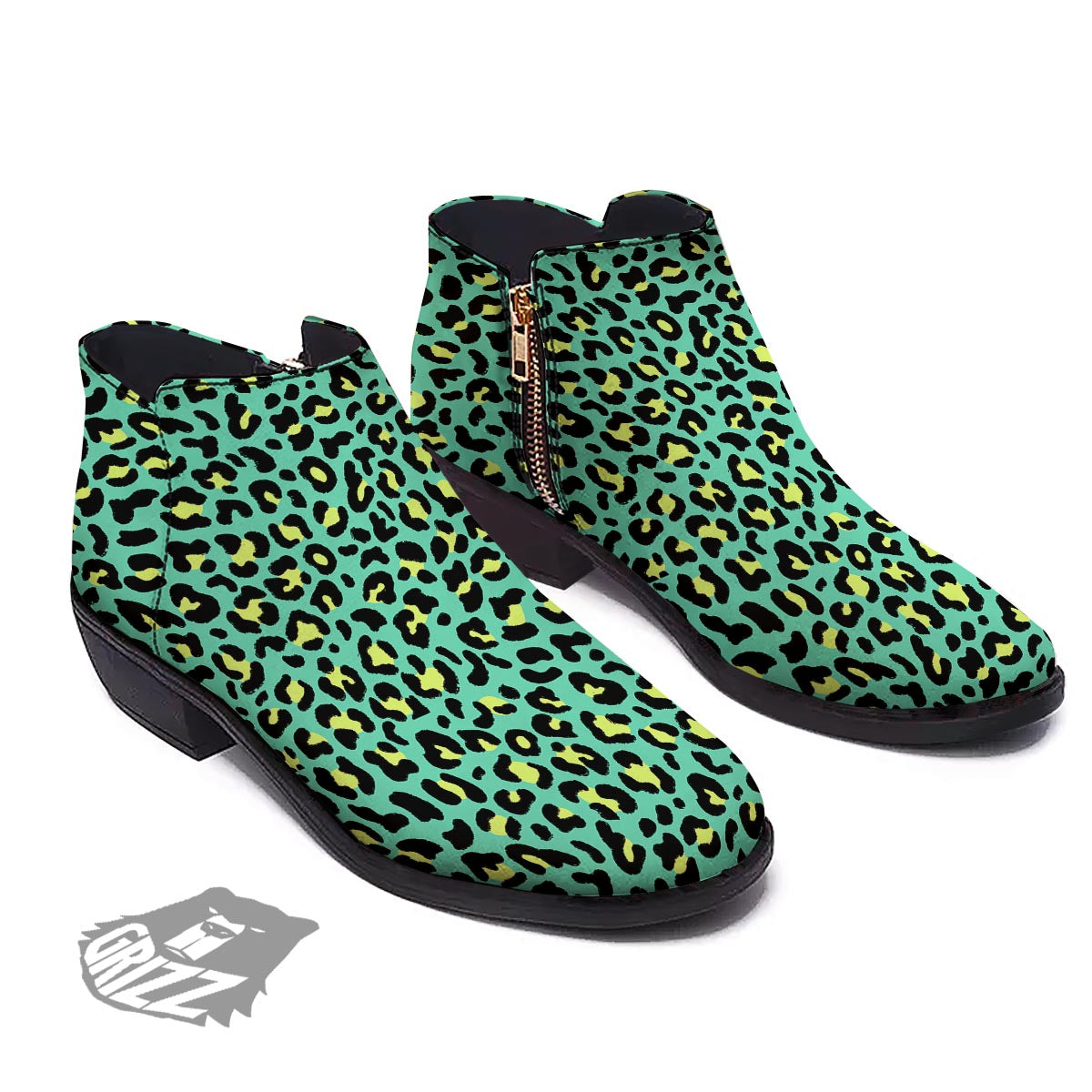 Leopard Yellow And Teal Print Pattern Ankle Boots-grizzshop