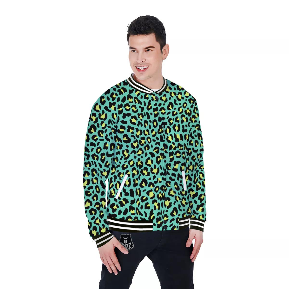 Leopard Yellow And Teal Print Pattern Baseball Jacket-grizzshop