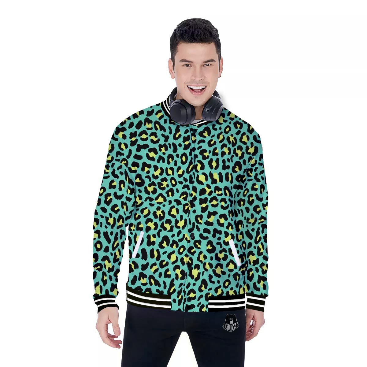 Leopard Yellow And Teal Print Pattern Baseball Jacket-grizzshop
