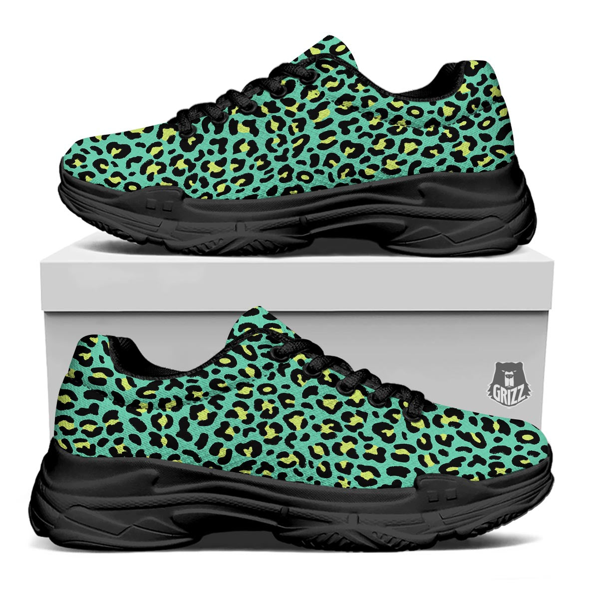Leopard Yellow And Teal Print Pattern Black Chunky Shoes-grizzshop