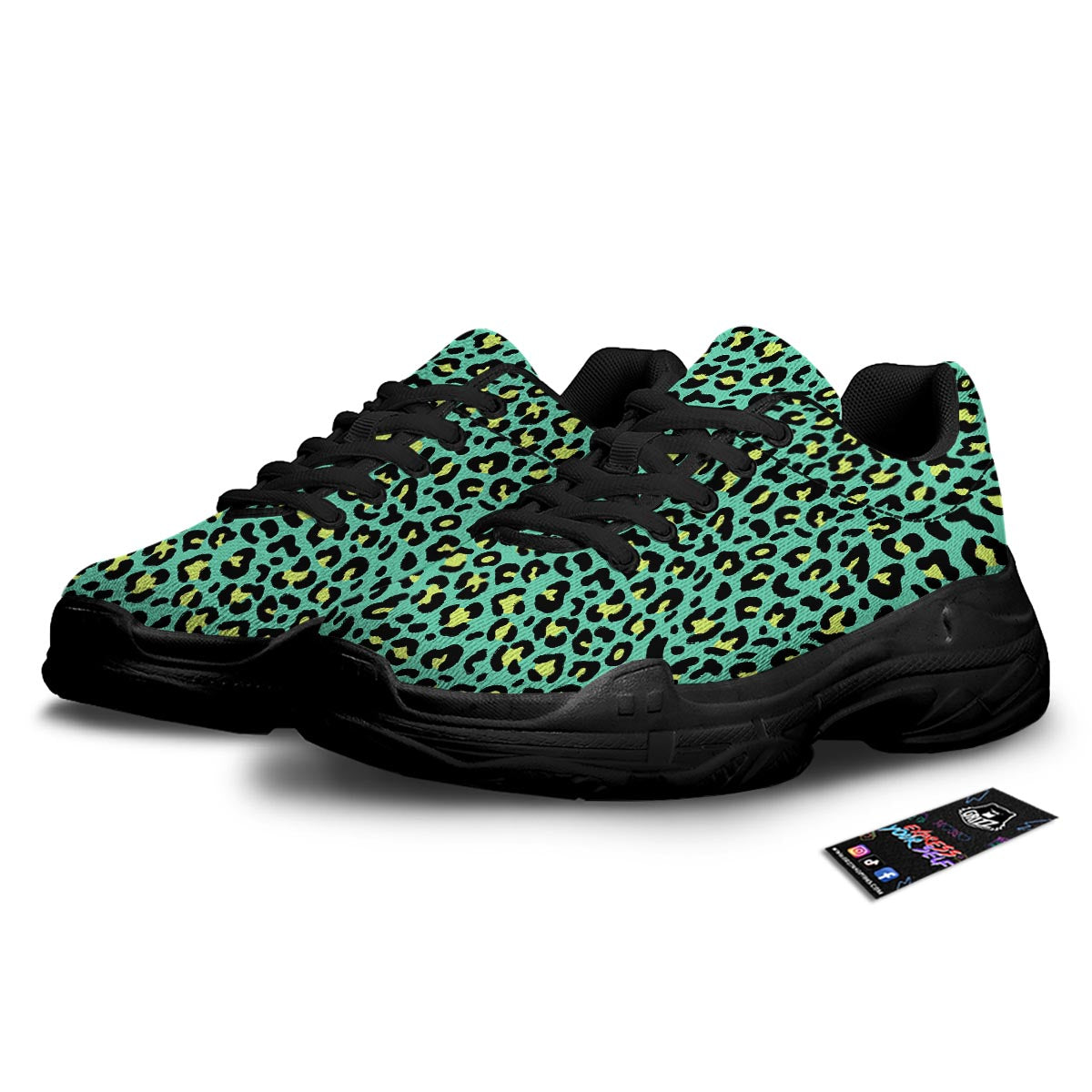 Leopard Yellow And Teal Print Pattern Black Chunky Shoes-grizzshop