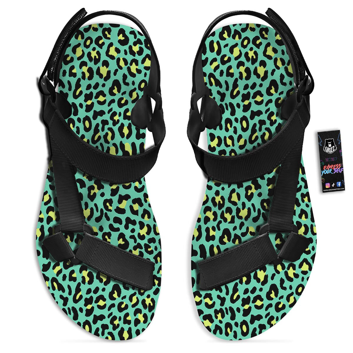 Leopard Yellow And Teal Print Pattern Black Open Toe Sandals-grizzshop