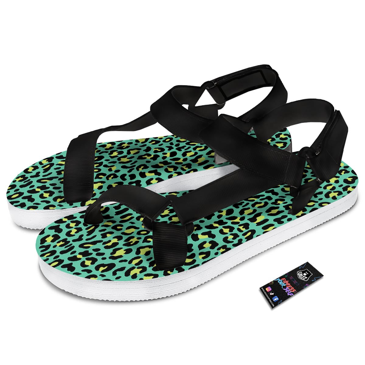 Leopard Yellow And Teal Print Pattern Black Open Toe Sandals-grizzshop