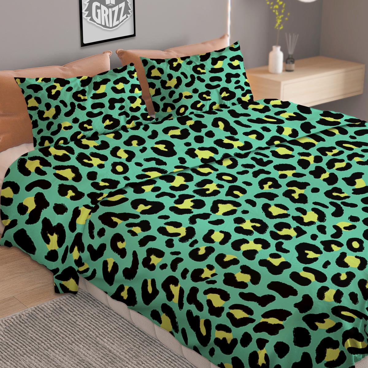 Leopard Yellow And Teal Print Pattern Duvet Cover Bedding Set