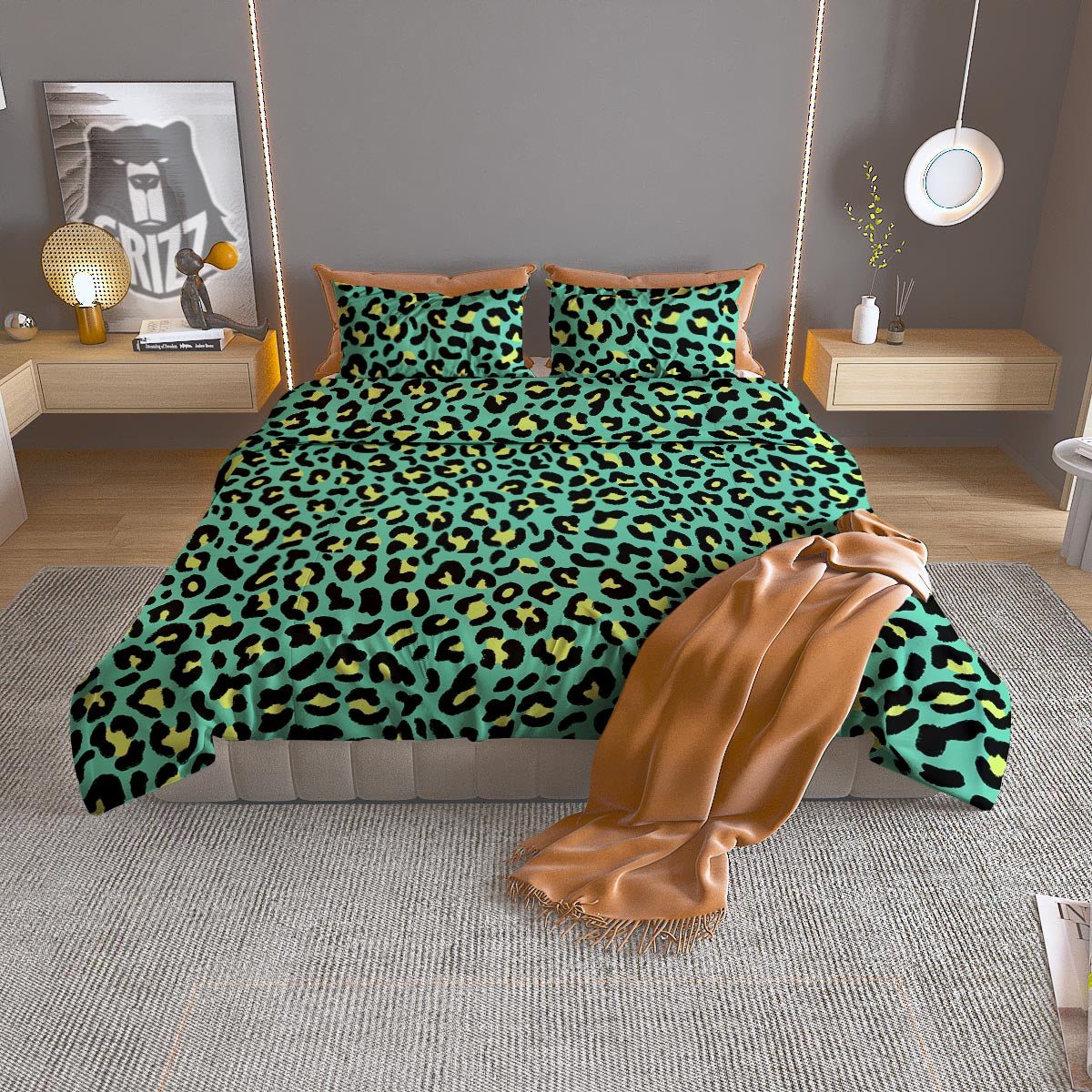 Leopard Yellow And Teal Print Pattern Duvet Cover Bedding Set