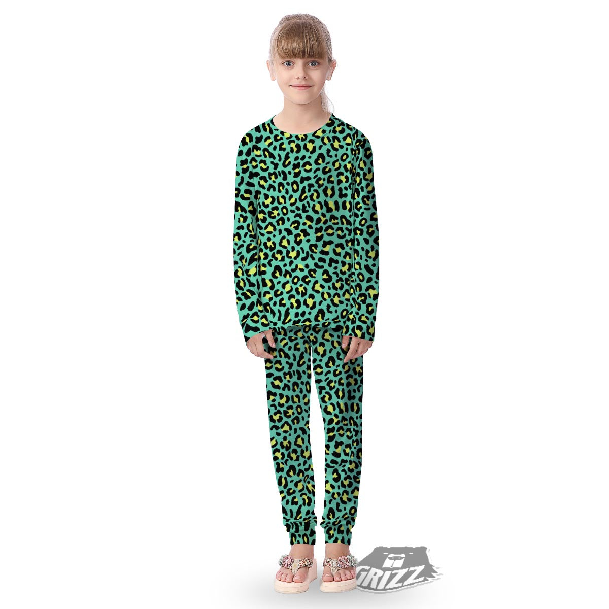 Leopard Yellow And Teal Print Pattern Kid's Pajamas-grizzshop