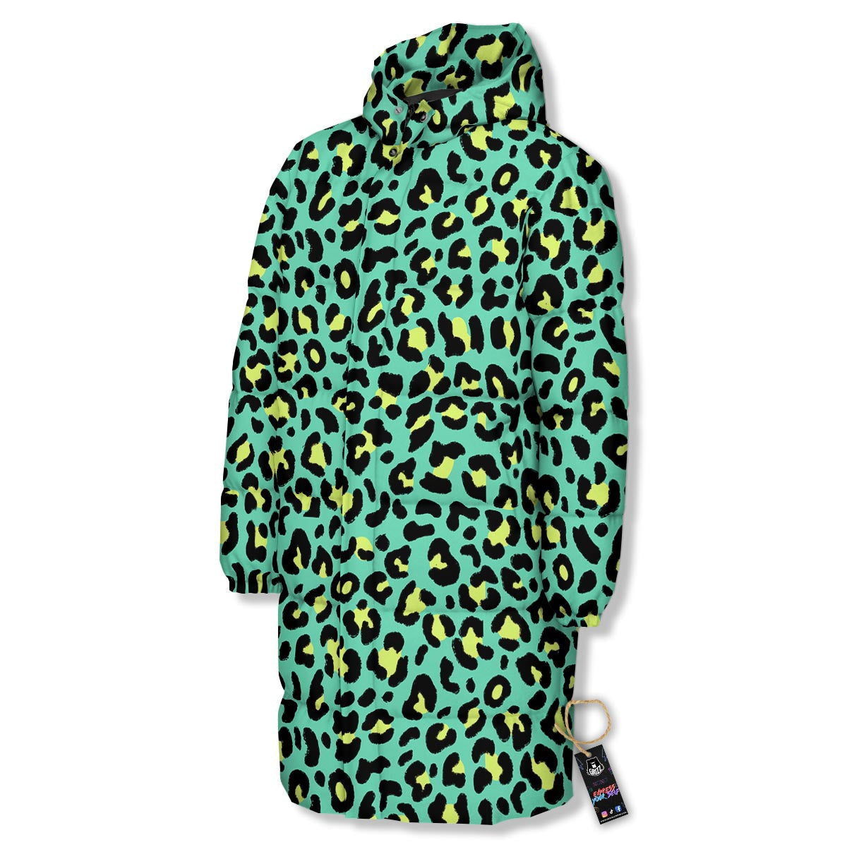 Leopard Yellow And Teal Print Pattern Long Down Jacket-grizzshop