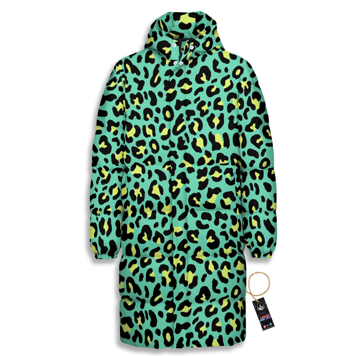 Leopard Yellow And Teal Print Pattern Long Down Jacket-grizzshop