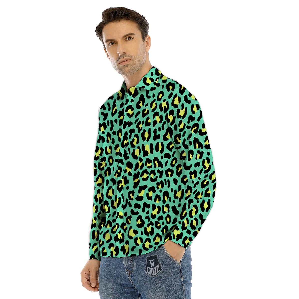 Leopard Yellow And Teal Print Pattern Men's Dress Shirts-grizzshop