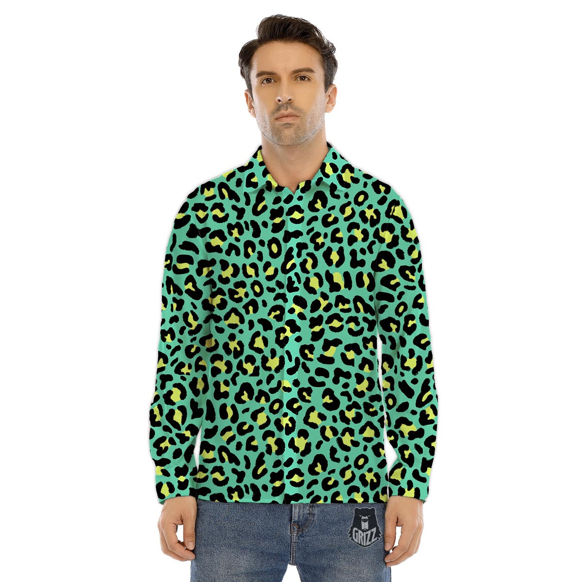 Leopard Yellow And Teal Print Pattern Men's Dress Shirts-grizzshop