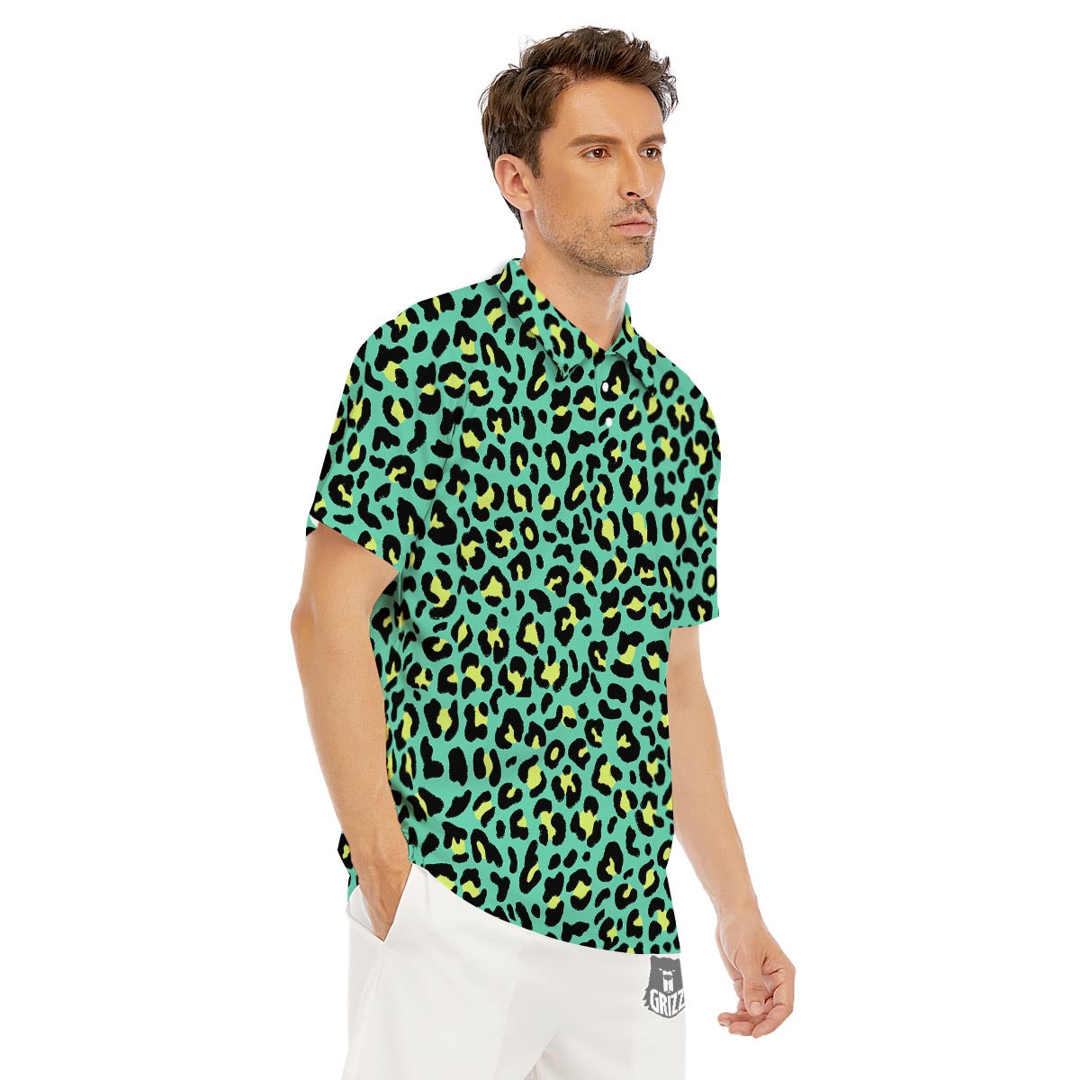 Leopard Yellow And Teal Print Pattern Men's Golf Shirts-grizzshop