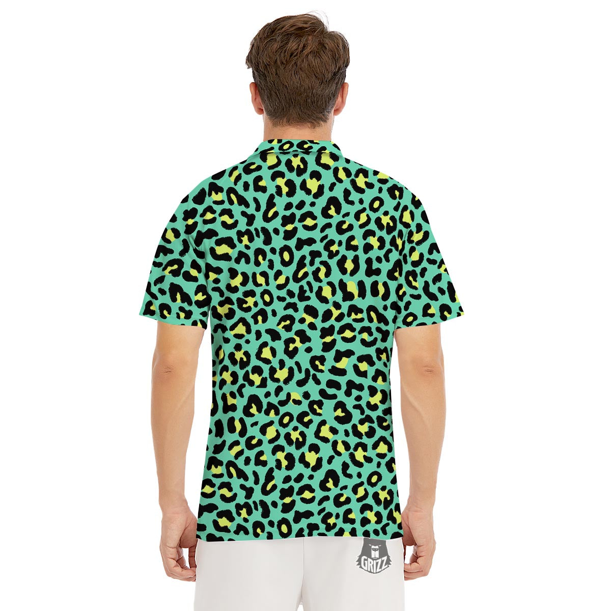 Leopard Yellow And Teal Print Pattern Men's Golf Shirts-grizzshop