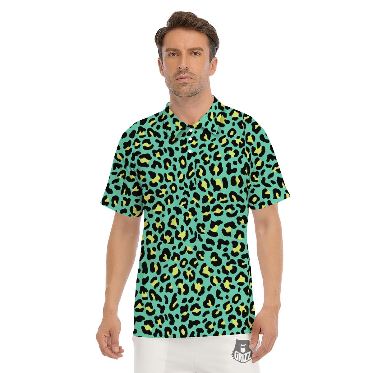 Leopard Yellow And Teal Print Pattern Men's Golf Shirts-grizzshop