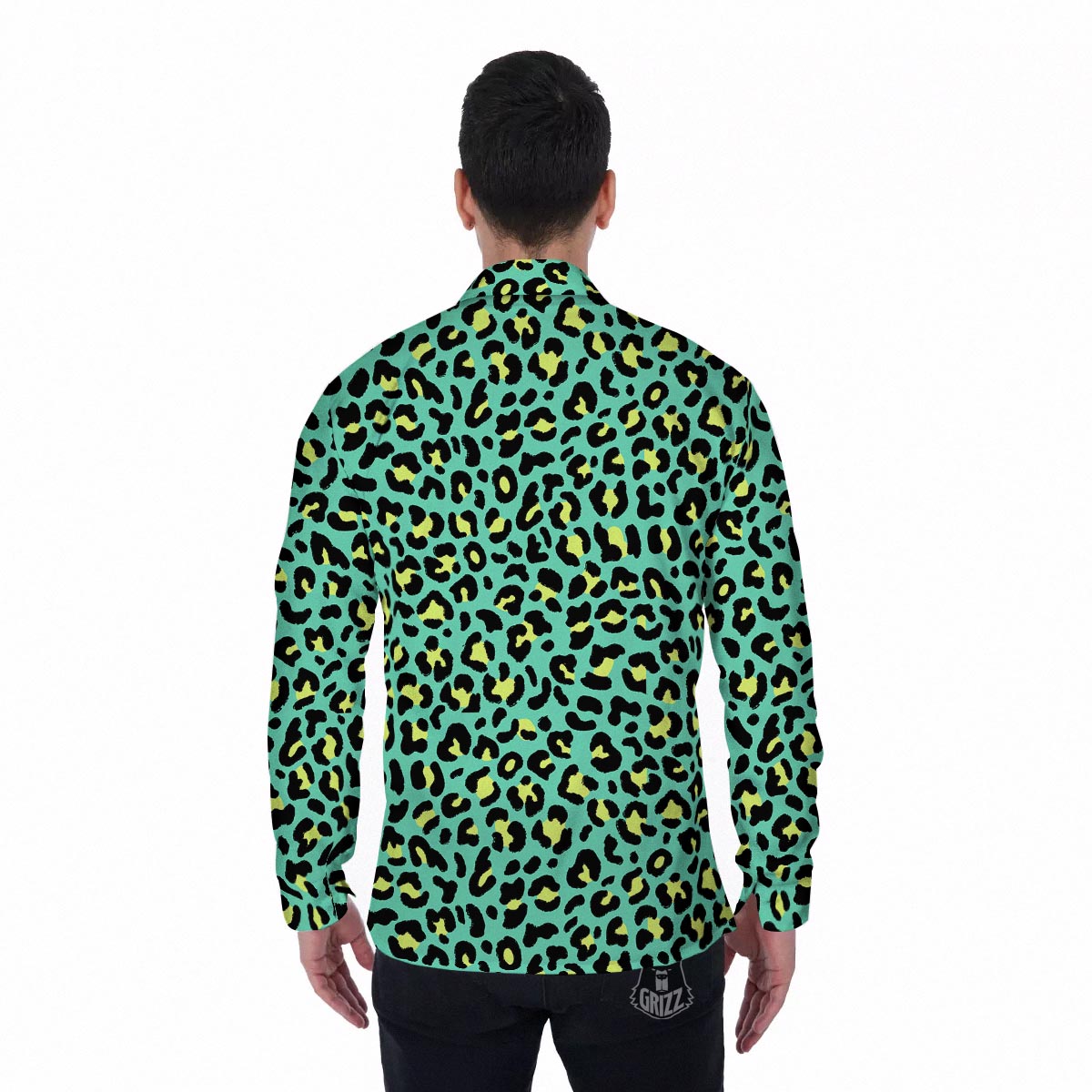 Leopard Yellow And Teal Print Pattern Men's Long Sleeve Shirts-grizzshop
