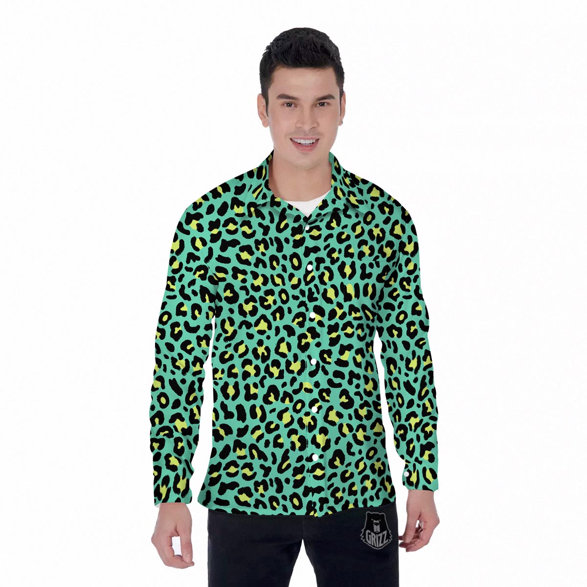 Leopard Yellow And Teal Print Pattern Men's Long Sleeve Shirts-grizzshop