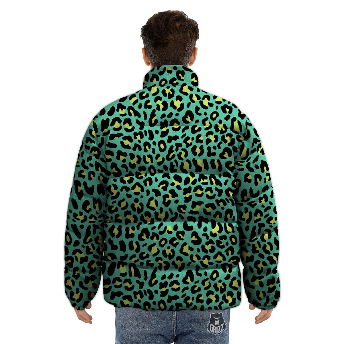 Leopard Yellow And Teal Print Pattern Puffer Jacket-grizzshop