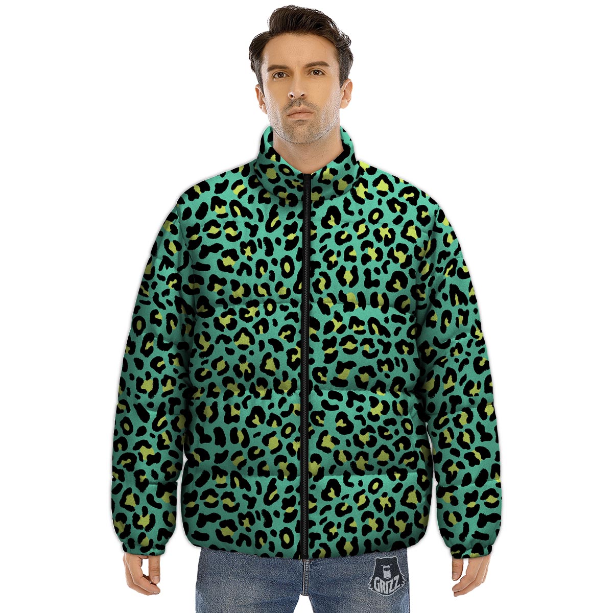 Leopard Yellow And Teal Print Pattern Puffer Jacket-grizzshop