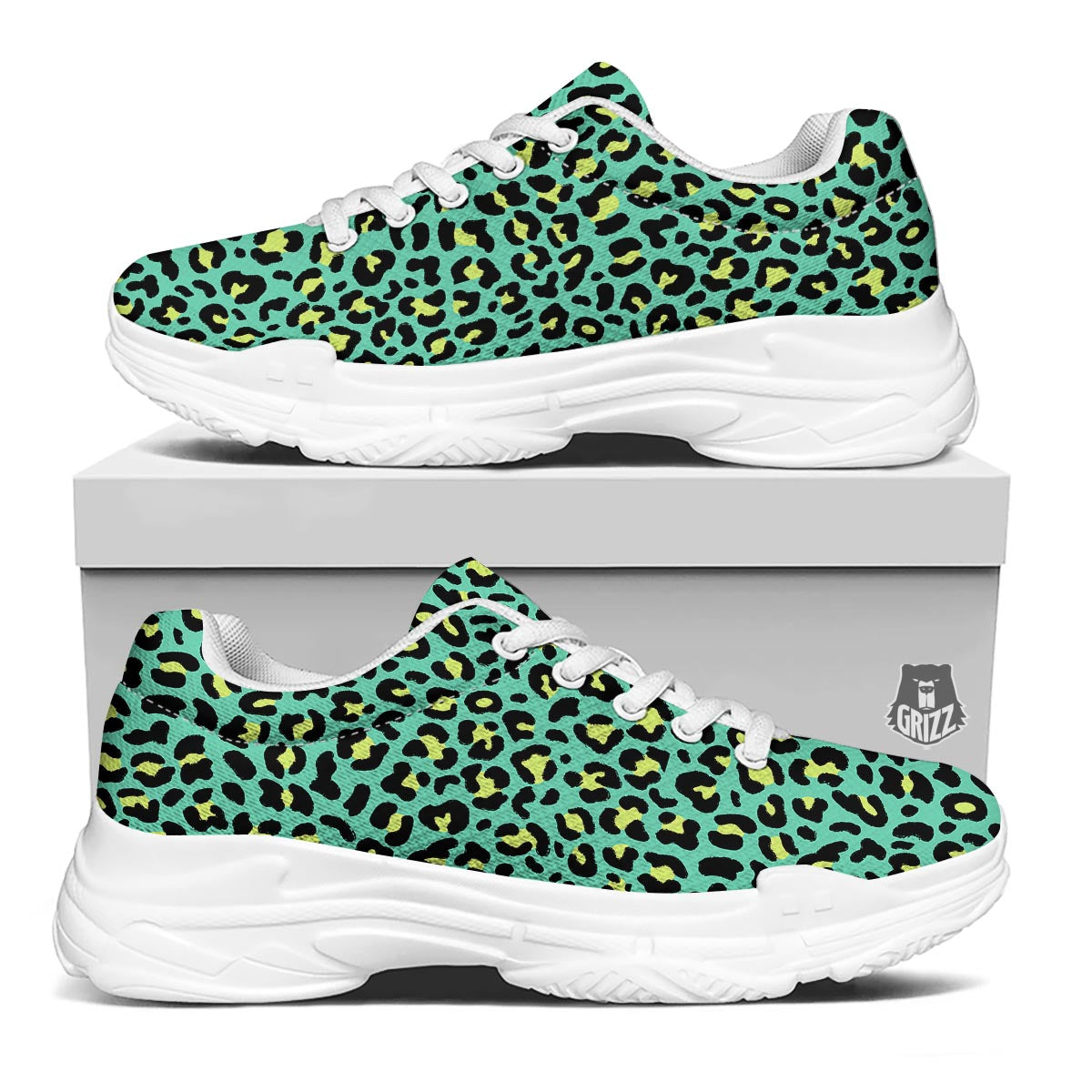 Leopard Yellow And Teal Print Pattern White Chunky Shoes-grizzshop