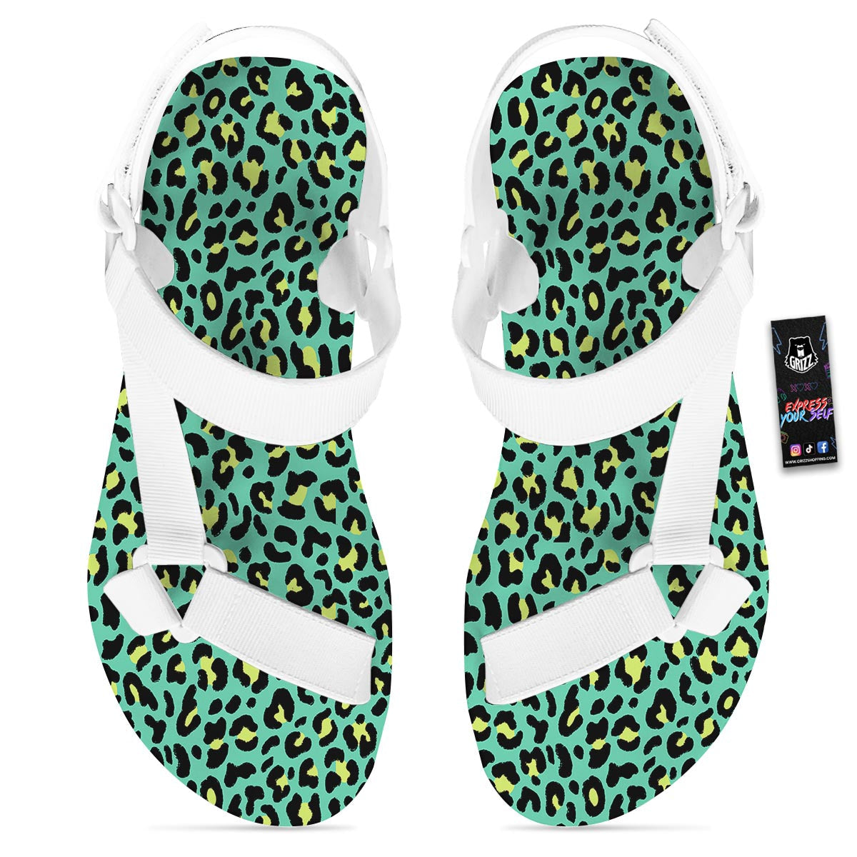 Leopard Yellow And Teal Print Pattern White Open Toe Sandals-grizzshop