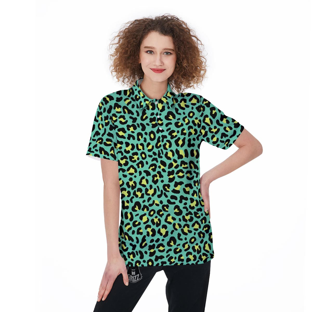Leopard Yellow And Teal Print Pattern Women's Golf Shirts-grizzshop