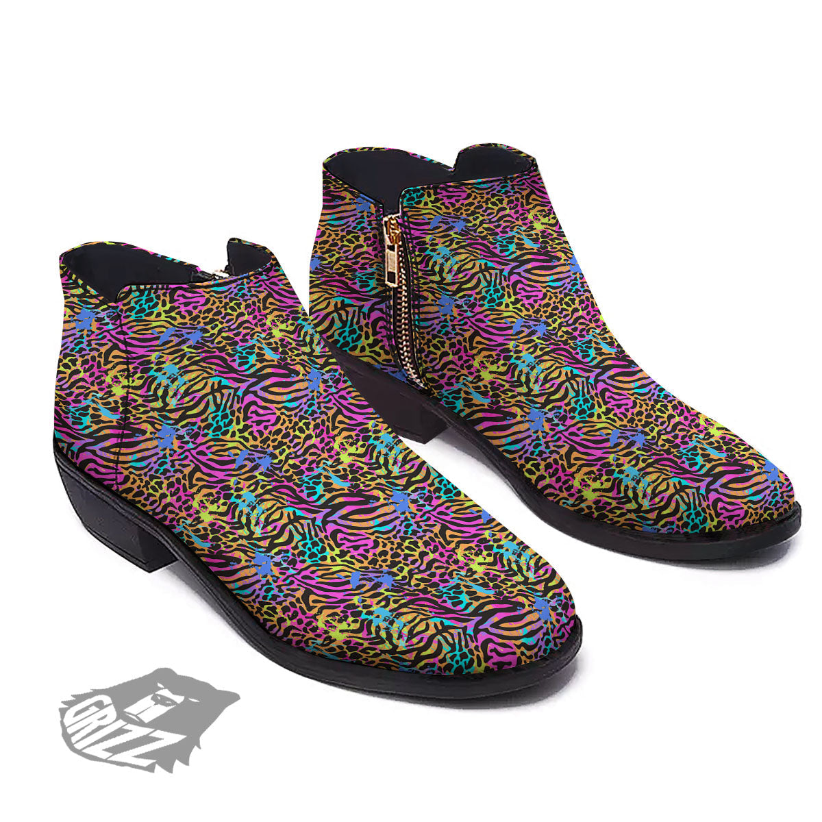Leopard Zebra Colorful Print Pattern Ankle Boots-grizzshop
