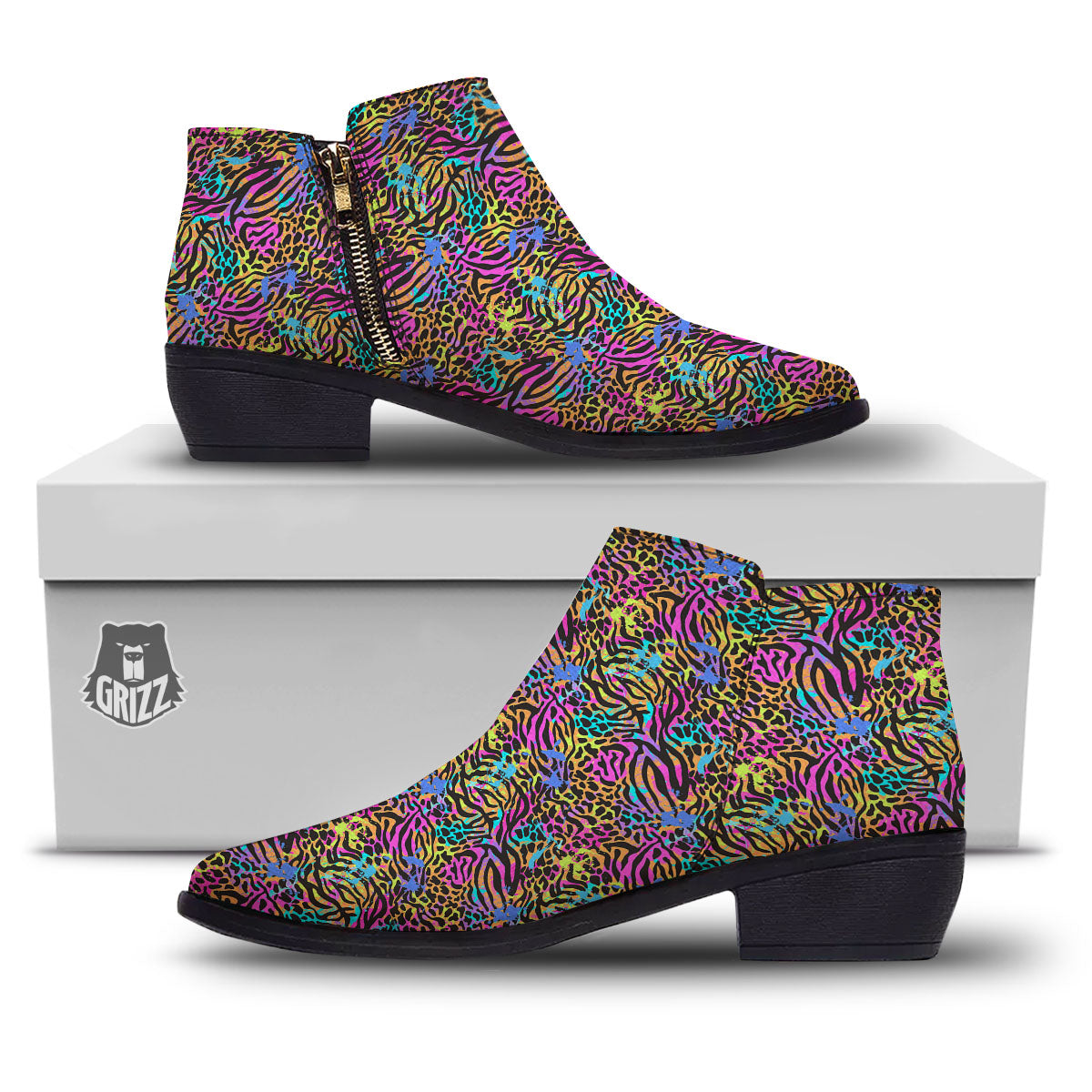 Leopard Zebra Colorful Print Pattern Ankle Boots-grizzshop