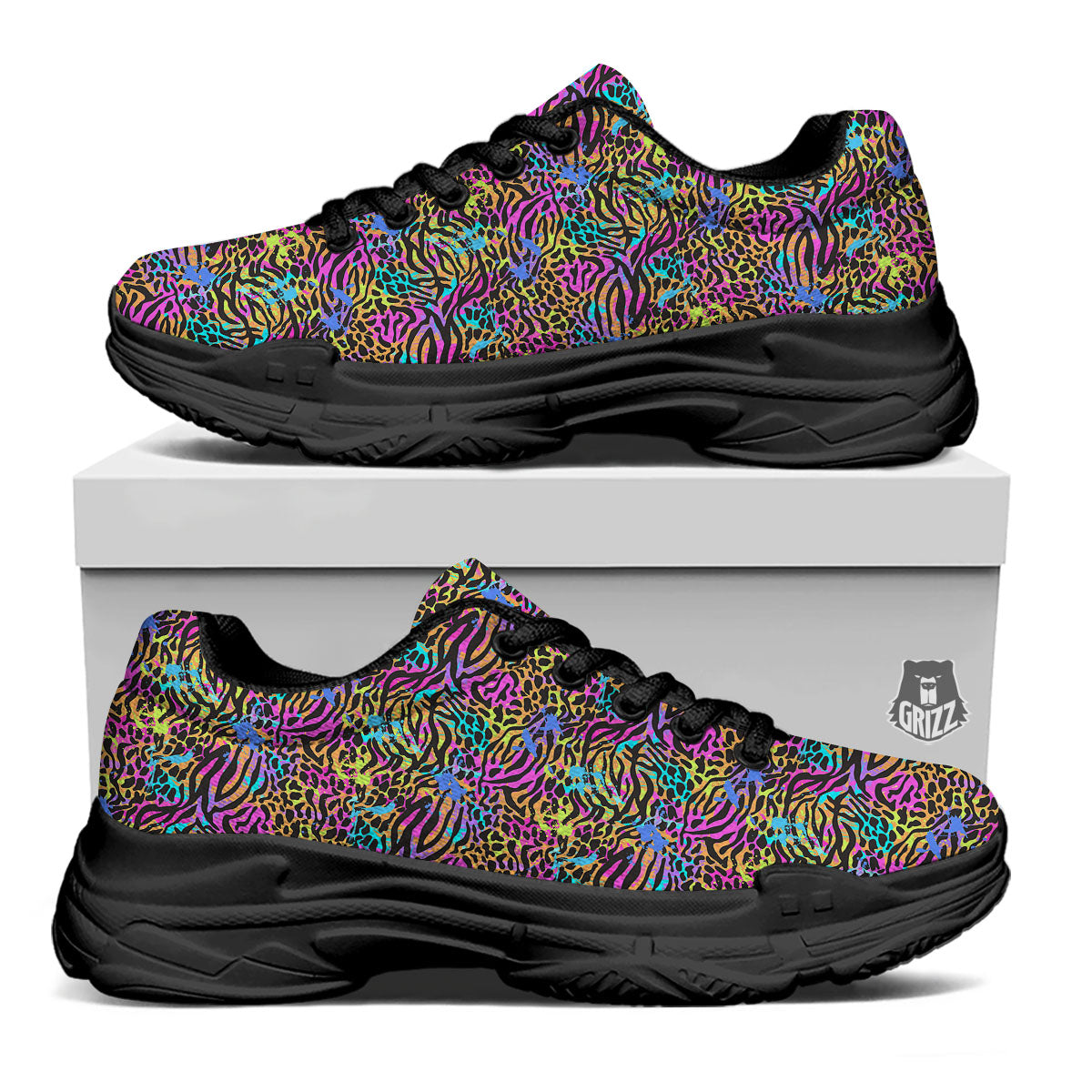 Leopard Zebra Colorful Print Pattern Black Chunky Shoes-grizzshop