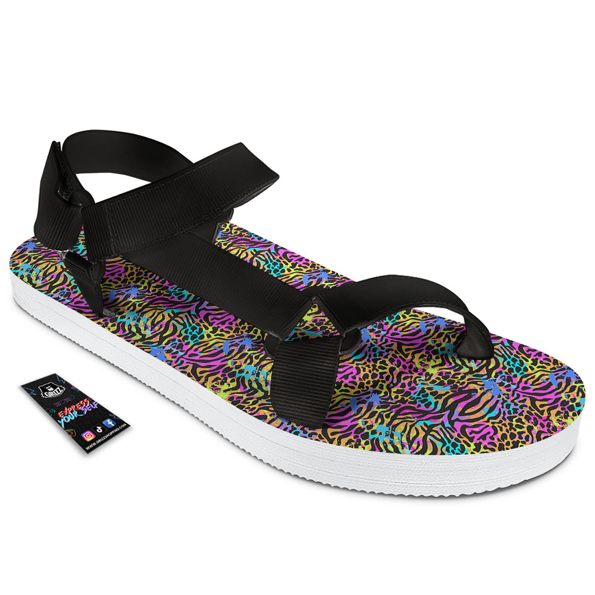 Leopard Zebra Colorful Print Pattern Black Open Toe Sandals-grizzshop