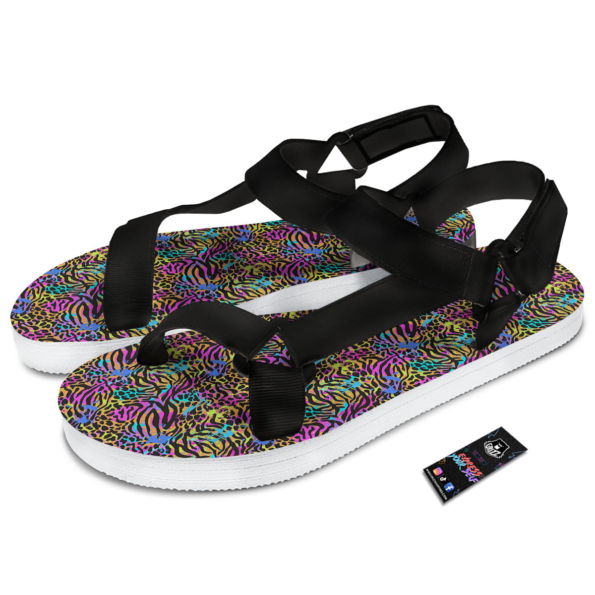 Leopard Zebra Colorful Print Pattern Black Open Toe Sandals-grizzshop