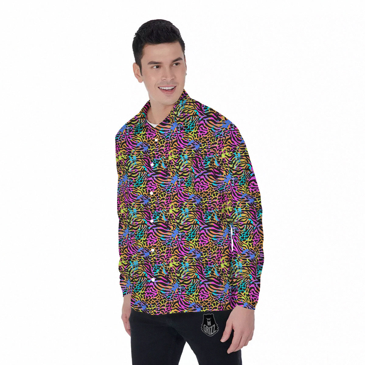 Leopard Zebra Colorful Print Pattern Men's Long Sleeve Shirts-grizzshop