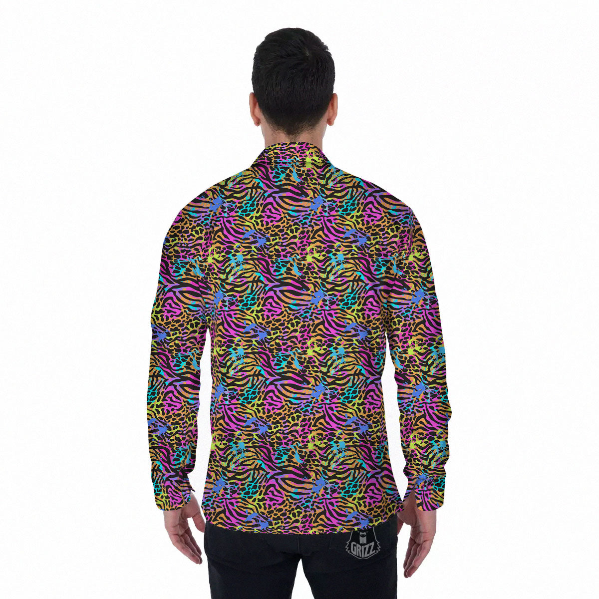Leopard Zebra Colorful Print Pattern Men's Long Sleeve Shirts-grizzshop