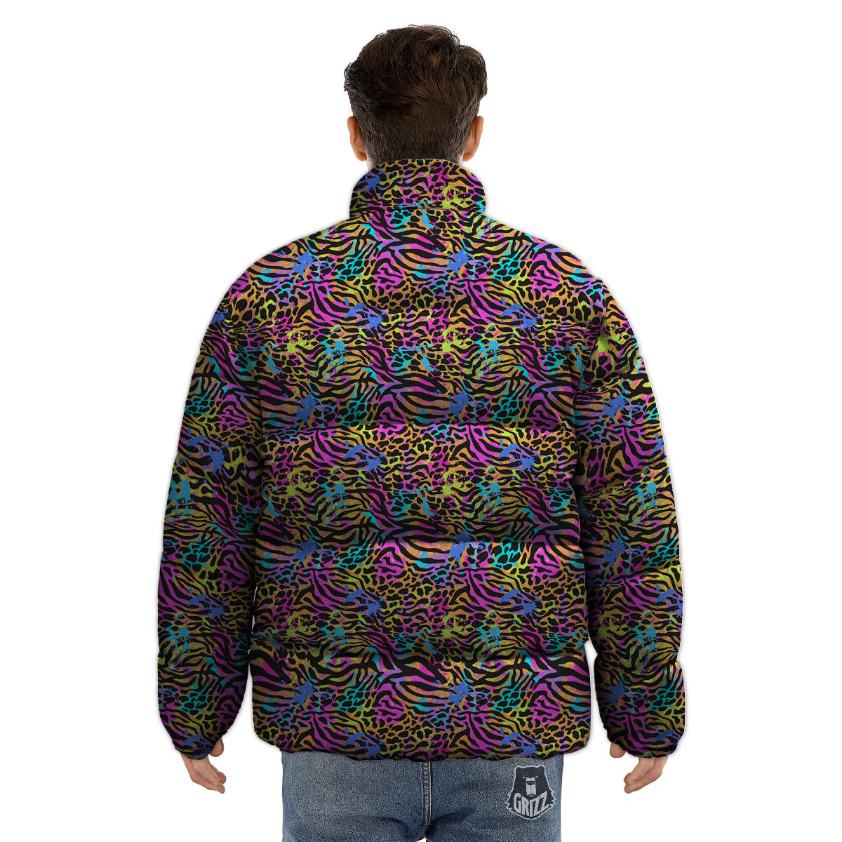 Leopard Zebra Colorful Print Pattern Puffer Jacket-grizzshop