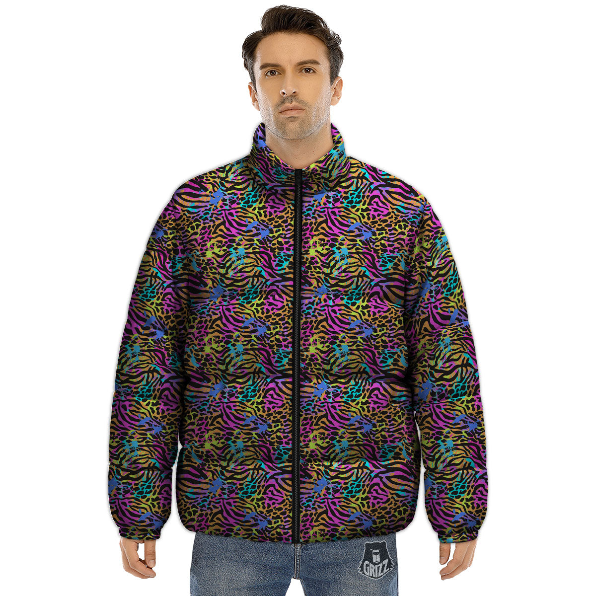 Leopard Zebra Colorful Print Pattern Puffer Jacket-grizzshop