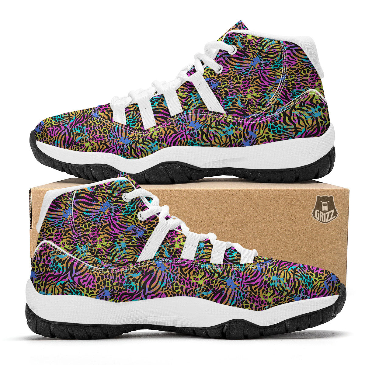 Leopard Zebra Colorful Print Pattern White Bball Shoes-grizzshop
